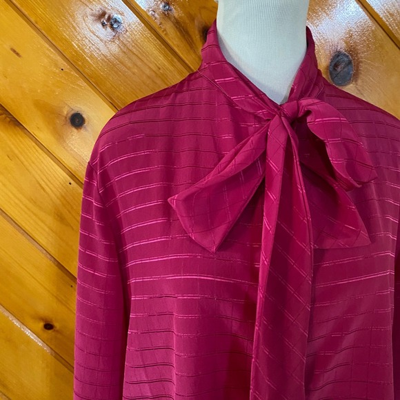 Castleberry Tops - Castleberry Vintage USA Made 80s Magenta Grid Bow Tie Neck Long Sleeve Blouse 18